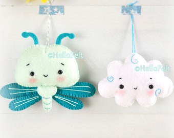 PDF PATTERN: Dragonfly and Cloud, Felt Animal Pattern, Felt plush. Sewing pattern. Nursery decor, baby mobile ideas.