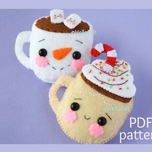 PDF PATTERN: Cute Christmas Mugs. Felt Christmas Ornaments pattern. Tree ornaments. DIY.