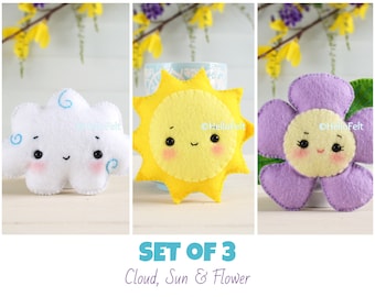 PDF PATTERN: Set of 3 Sun, Flower and Cloud. Baby Mobile Ideas, Nursery Felt Pattern