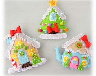 PDF PATTERN: Felt Christmas Houses. Set of 3.  Felt Christmas Ornaments pattern.