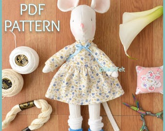 Fabric Mouse Sewing Pattern – 9" Doll with Floral Outfit (PDF Pattern)