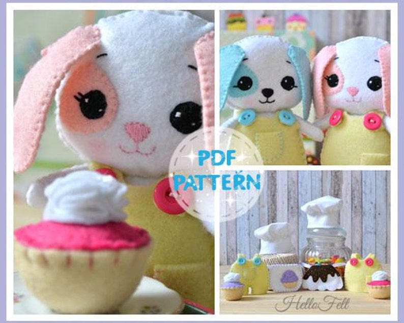 PDF PATTERN: Toffee and Brownie. Felt PDF Sewing Pattern Doll Puppy, Felt cupcake pattern. Set of 2. Dress up puppy image 3