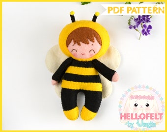PDF PATTERN: Little Bee Kid and Sunflower. Felt Bee Doll, sunflower Sewing PDF Pattern, Felt flower Pattern.