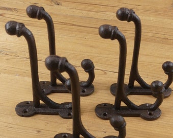 5 Large Double Hooks, Dark Rustic Brown Color, Cast Iron, 5 1/2" Long, Tack, Harness, Hall Tree Entryway, Large