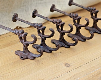 5 RUSTIC Hooks Hall Tree Wall Hook Ornate Coat CAST IRON Victorian Wall Fancy Vintage Decorative Craft Decor Bathroom Kitchen Backpack