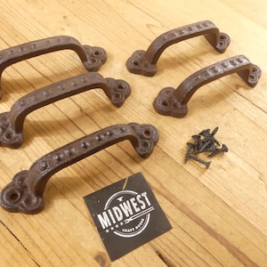 5 Cast Iron Handles Rustic Gate Door Pulls Dark Rustic Brown Color Hardware Cabinet Drawer Kitchen 5 1/2" - By Midwest Craft House