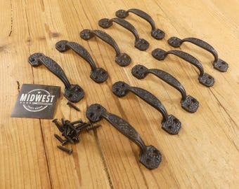 10 Cast Iron Drawer Pulls, Small, Window Pulls, 4 1/4" Long, Cabinet Handles, Small, Vintage Looking, Black - By Midwest Craft House