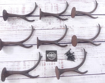 8 Cast Iron Antler Hooks Deer Elk Coat Hat Hall Tree Tack Storage Cabin Rustic Hunter Wildlife Alaska - By Midwest Craft House