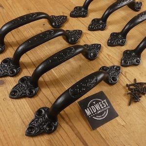 8 Large Handles, Cast Iron, Antique Style, Door Handles, Gate, Pull, Shed, Drawer Pulls, Black - By Midwest Craft House