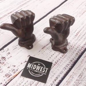 2 CAST IRON HANDS, Rustic Brown, Thumbs Up, Wall Mounted Hooks, Door Knobs, Drawer Pull, Heavy Duty, Farmhouse - By Midwest Craft House