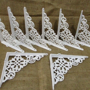 8 White Cast Iron Shelf Brackets, Corbels, Braces, Bookshelf, Distressed White, Porch Brackets, Supports