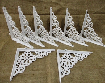 8 White Cast Iron Shelf Brackets, Corbels, Braces, Bookshelf, Distressed White, Porch Brackets, Supports