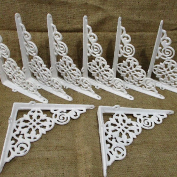 8 White Cast Iron Shelf Brackets, Corbels, Braces, Bookshelf, Distressed White, Porch Brackets, Supports