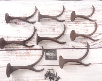 8 Cast Iron Antler Hooks Deer Elk Coat Hat Hall Tree Tack Storage Cabin Rustic Hunter Wildlife Alaska - By Midwest Craft House