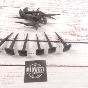 15 IRON NAILS, Coat Hooks, Clavos, Forged, Hooks Decorative, Square, Angled 7/8&quot; Wide 3&quot; Nail, Medieval - By Midwest Craft House