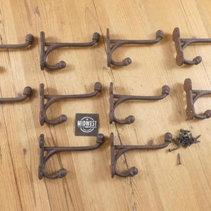 10 Large Rustic Double Hooks, Dark Brown Color, Cast Iron,  5 1/4" Long,  Coat Hooks, Hall Tree Hook - By Midwest Craft House