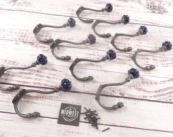 10 Coat Hook, Dark Blue, Hat Hook, Entryway, Bath, Vintage Look, Hall Tree, Mid Century, Pumpkin - By Midwest Craft House
