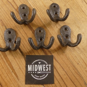 5 Rustic Double Coat Hooks Cast Iron Wall Mount Hat Hook Towel Cap Bathroom Kitchen Vintage Looking - By Midwest Craft House