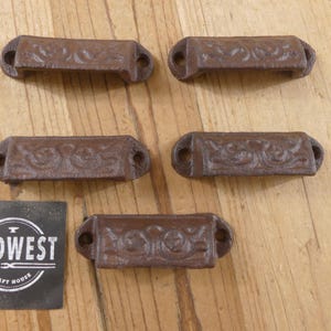 5 Ornate Cast Iron Drawer Pulls: Rustic Brown Bin Handles