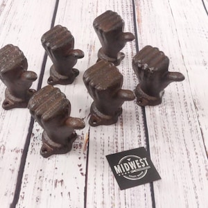 6 CAST IRON HANDS, Rustic Brown, Thumbs Up, Mounted Hooks, Door Knobs, Drawer Pull, Heavy Duty, Farmhouse, Handle - By Midwest Craft House