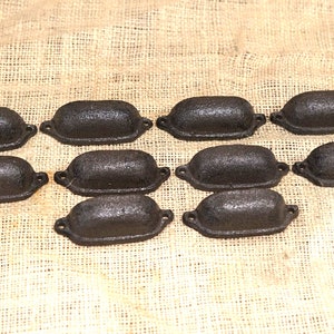 10 Cast Iron Drawer Pulls, Dark Brown Color, 3", Knobs, Cabinet Handles, Rustic, Farmhouse, Simple, Cup Pulls, Cupboard Handles