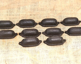 10 Cast Iron Drawer Pulls, Dark Brown Color, 3", Knobs, Cabinet Handles, Rustic, Farmhouse, Simple, Cup Pulls, Cupboard Handles