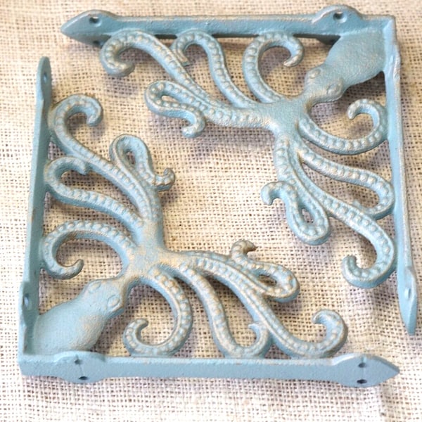 2 Cast Iron Shelf Brackets, Octopus, Nautical Braces, Corbels, Plant Hanger