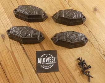 4 Cast Iron Brown Ornate Pulls Drawer Cabinet Bin Handles Rustic Vintage Antique Old Style Victorian Ornate - By Midwest Craft House