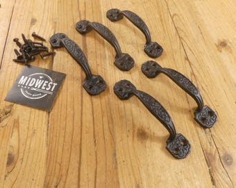 5 Cast Iron Small Drawer Pulls, Window Pulls, 4 1/4" Long, Cabinet Handles, Small, Vintage, Antique Style, Black - By Midwest Craft House