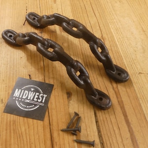 2 Large Cast Iron Handles, Antique Style, Chain, Barn Door Handle, Gate Pull, Shed Door Handles, Drawer Pulls - By Midwest Craft House