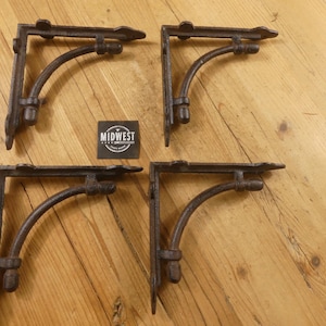 4 Antique Style Shelf Brackets, Cast Iron, Corbel, Braces 6 1/2&quot; X 6 1/2&quot;, Book Shelf, Farmhouse, Brown, Rustic - By Midwest Craft House
