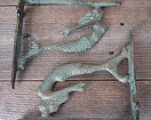2 Cast Iron Mermaid Brackets, Corbels, Braces, Shelf Bracket, Nautical Decor