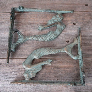 2 Cast Iron Mermaid Brackets, Corbels, Braces, Shelf Bracket, Nautical Decor