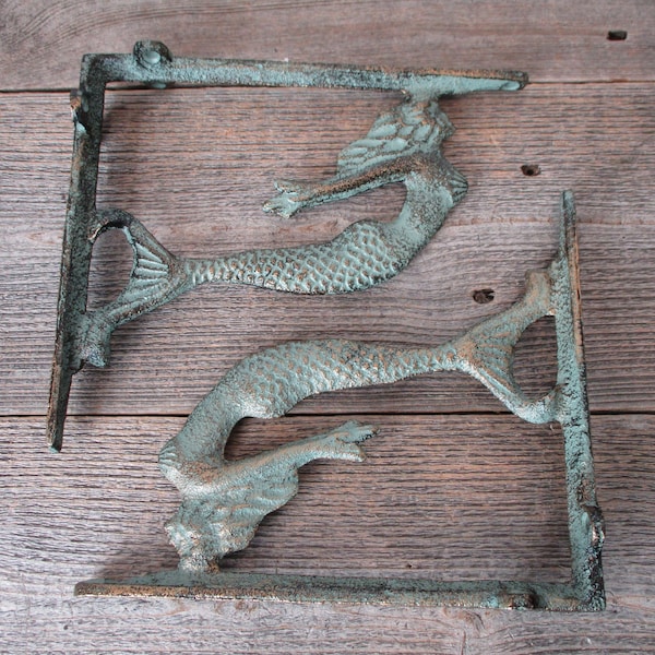 2 Cast Iron Mermaid Brackets, Corbels, Braces, Shelf Bracket, Nautical Decor