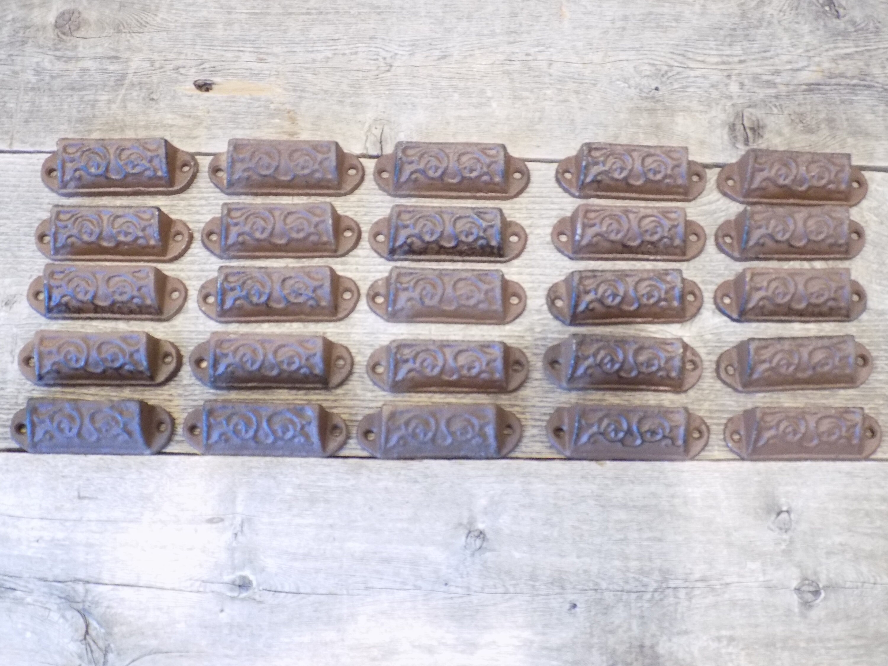 5 CAST IRON BROWN 3/" ORNATE PULLS DRAWER CABINET BIN HANDLES RUSTIC VINTAGE