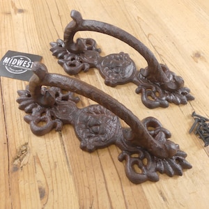 2 Cast Iron Handles, Door Handles, 9" Long, Drawer Pulls, Barn Door, Cabinet, Ornate, Victorian - By Midwest Craft House