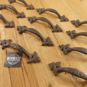 12 Cast Iron Handles, Bin Pulls, Door Handles, Drawer Pulls, Cupboard Handles, Rustic Hardware, 6 1/4" - By Midwest Craft House