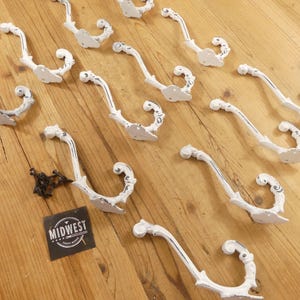 Set of 12 Antique White, Cast Iron, Wall Mounted Hooks (with screws) Vintage Inspired, Perfect for Coats,  Hall Tree, By Midwest Craft House