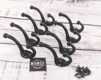 8 Cast Iron Black School Style Coat Hooks Hat Hook Rack Hall Tree Closet Home Decor Mud Room Restore Wall - By Midwest Craft House