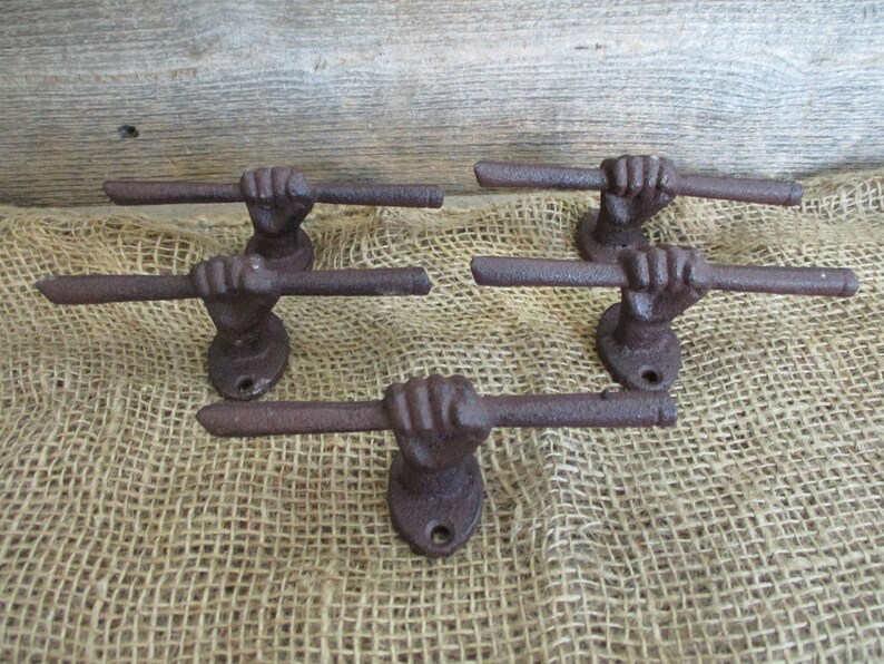 5 Cast Iron Brown Drawer Pulls Hand and Stick Bin Etsy