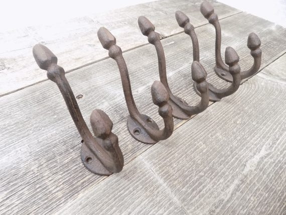 6 Cast Iron LG White School Style Coat Hooks Hat Hook Rack Hall Tree Restoration