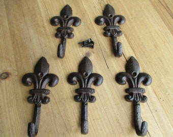 5 Fleur De Lis Hooks Rustic Cast Iron Wall Vintage Coat  Victorian French 5 1/2" Hanger Door Jacket Coat Rack Hat Key