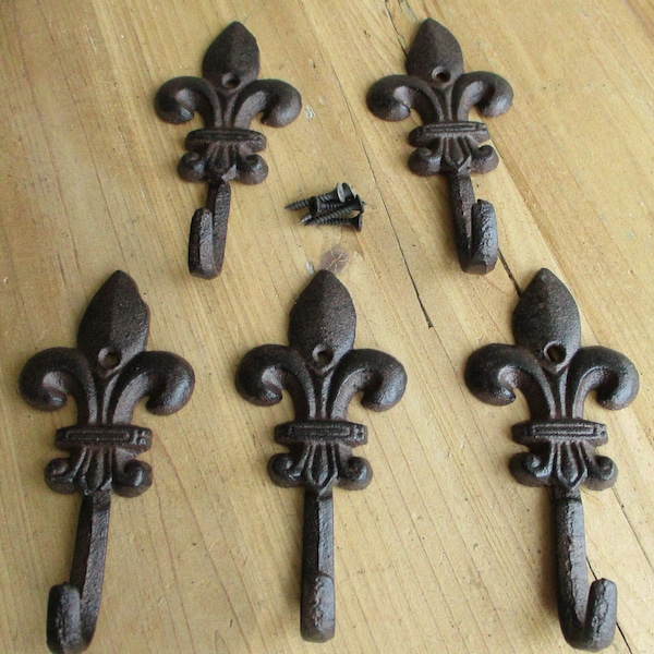 5 Fleur De Lis Hooks Rustic Cast Iron Wall Vintage Coat  Victorian French 5 1/2" Hanger Door Jacket Coat Rack Hat Key