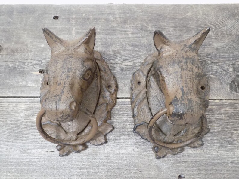 2 Large Cast Iron Horse Heads Head Ring Hitching Post Barn Etsy