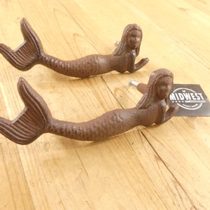 2 Cast Iron NAUTICAL MERMAID Drawer Pulls, Door Handles, Gate Pulls, Shed Handle, Cabinet Handle, Dresser - By Midwest Craft House
