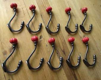 10 CAST IRON RED Hooks, Coat Hook, Hat Hook, Entryway, Bath, Vintage Look, Hall Tree, Mid Century, Pumpkin Hooks,