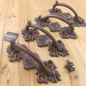 4 Cast Iron Handles, Door Handles, 9" Long, Pulls, Rustic Brown Color Large, Cabinet, Gate Handle, Fancy, Ornate - By Midwest Craft House