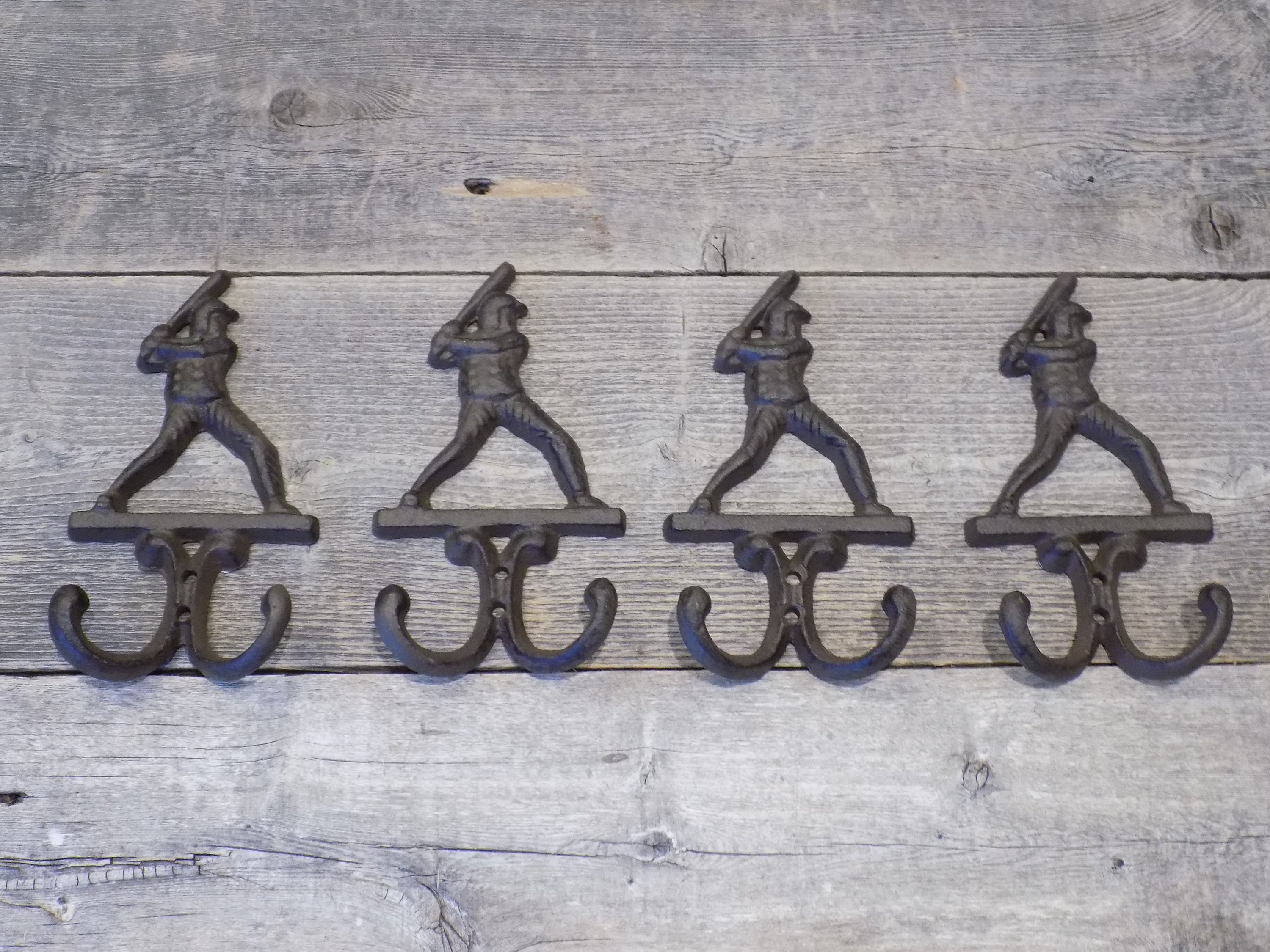 Cast Iron Antique Style BASEBALL PLAYER Coat Hooks Hat Hook Rack Towel BAT
