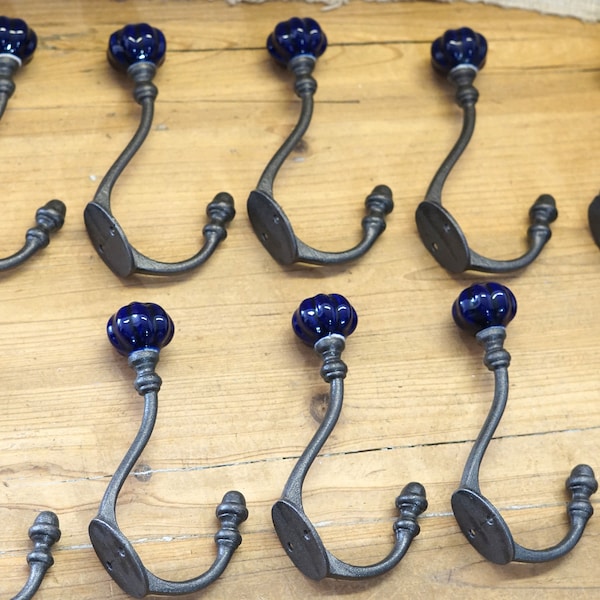 10 CAST IRON HOOKS, Coat Hook, Dark Blue, Hat Hook, Entryway, Bath, Vintage Look, Hall Tree, Mid Century, Pumpkin Hooks,