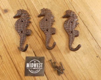 Set of 3 Rustic Seahorse Wall Hooks – Cast Iron Nautical Beach Hooks, Coastal Towel or Coat Hooks for Bathroom, Kitchen, Cottage Decor